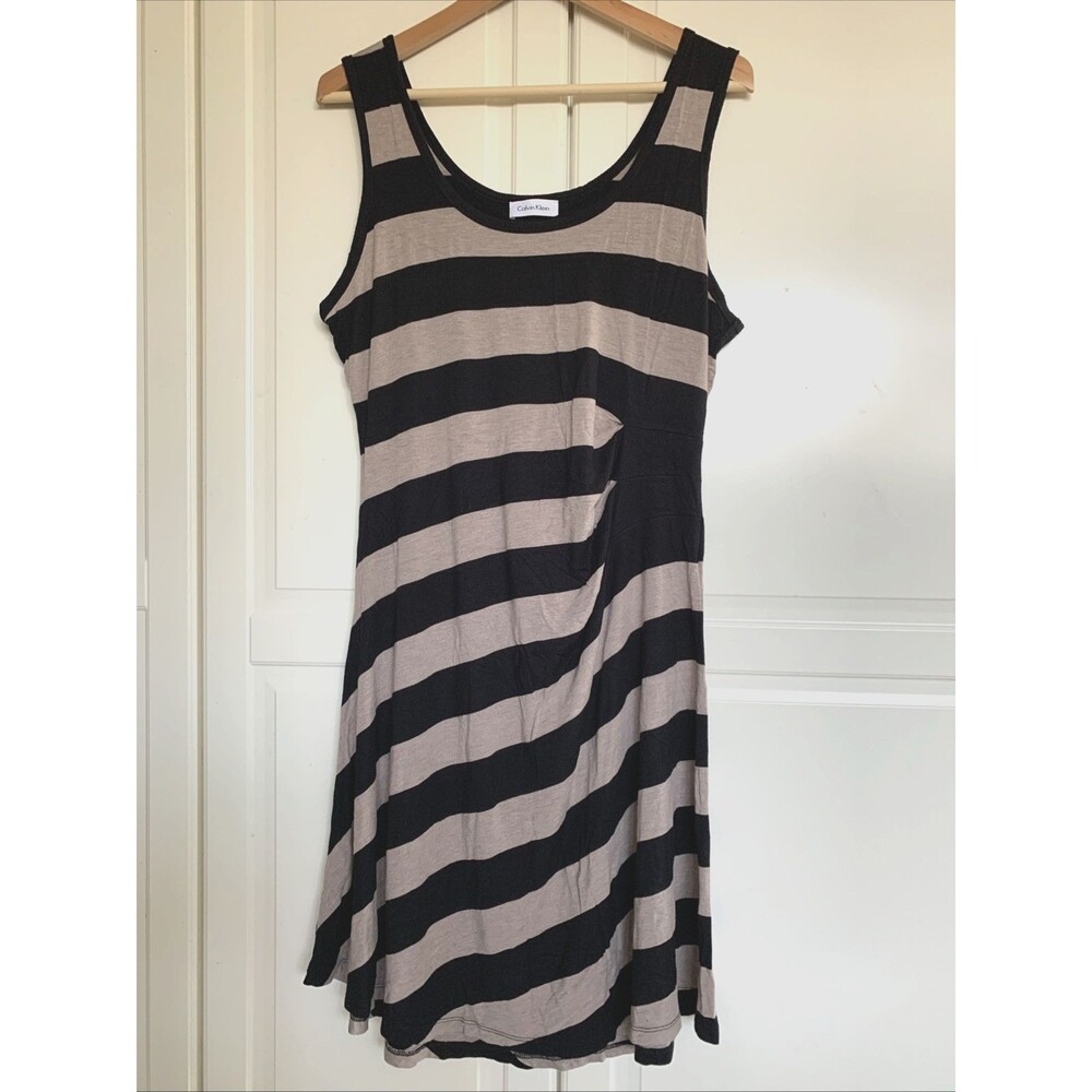 Calvin Klein Black Tan Striped Sleeveless Tank Top Dress Stretch Womens XL